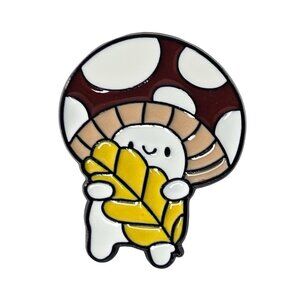 Mushroom Character Enamel Pin Holding Leaf Quirky Fantasy Woodland Creature